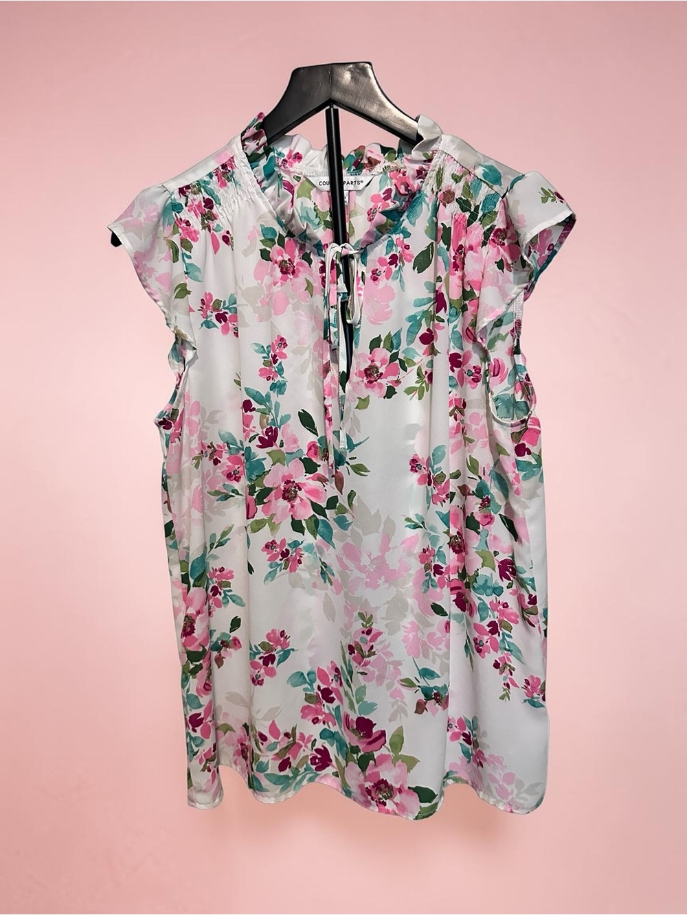 Counterparts White Pink & Green Floral Tie-Neck Cap-Sleeve Blouse